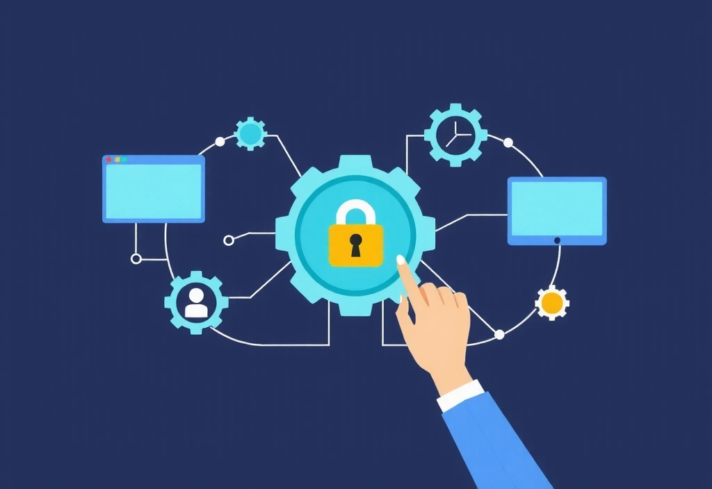 Ilustración de un usuario controlando sus datos personales con iconos de engranajes y configuración