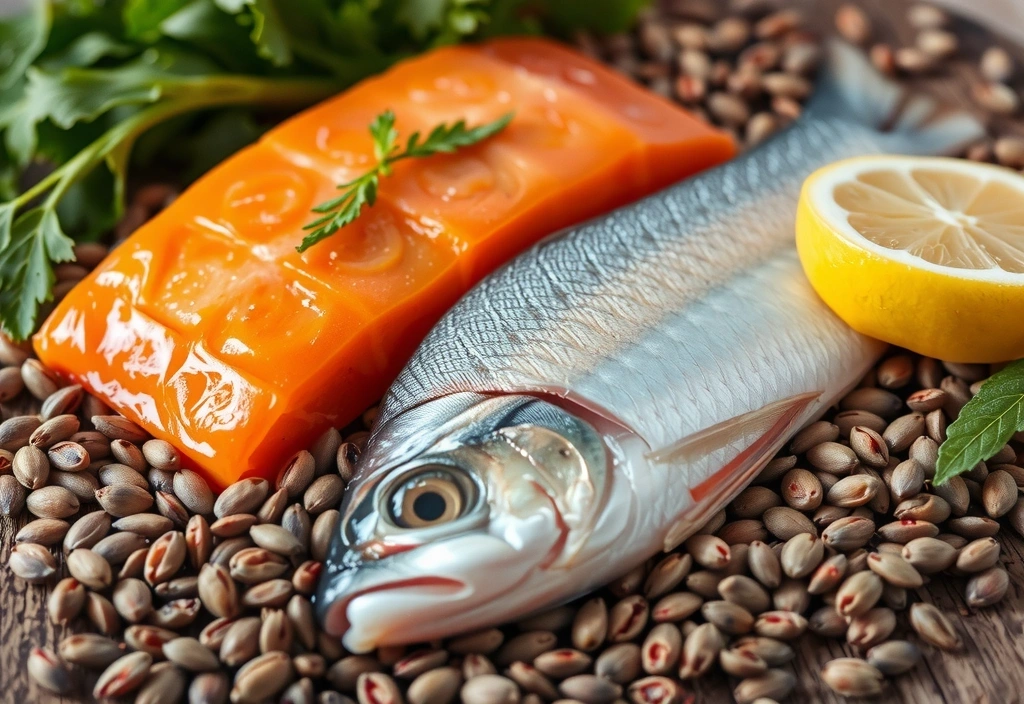 Fuentes ricas en Omega-3 como pescado y semillas de lino